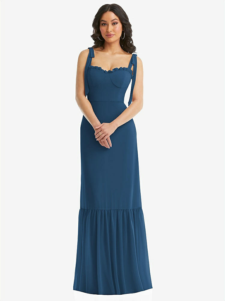 【STYLE: 1570】Tie-Shoulder Bustier Bodice Ruffle-Hem Maxi Dress【COLOR: Dusk Blue】