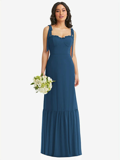 【STYLE: 1570】Tie-Shoulder Bustier Bodice Ruffle-Hem Maxi Dress【COLOR: Dusk Blue】
