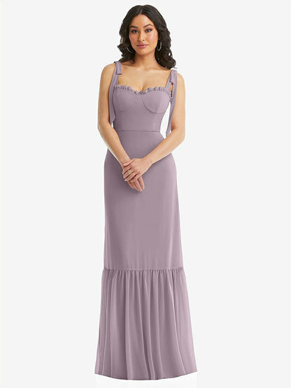 【NEW】【STYLE: 1570】タイショルダー ビュスティア ボディス フリルヘム マキシ ドレス【COLOR: Lilac Dusk】【SIZE: 00-30W】