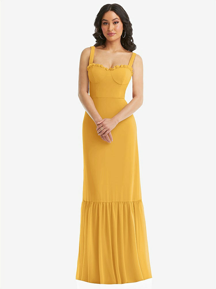 【STYLE: 1570】Tie-Shoulder Bustier Bodice Ruffle-Hem Maxi Dress【COLOR: NYC Yellow】