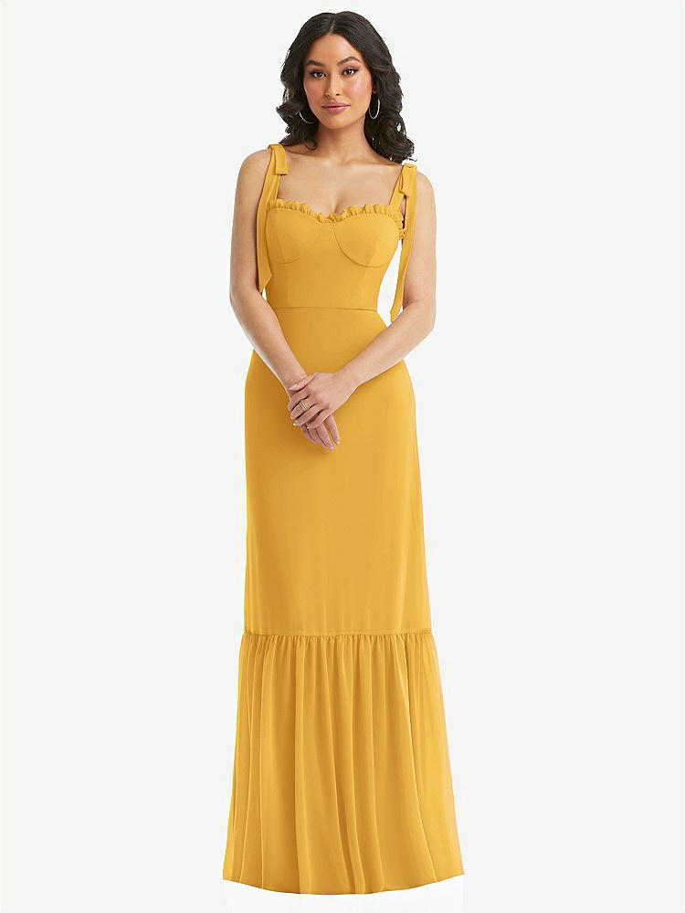 【STYLE: 1570】Tie-Shoulder Bustier Bodice Ruffle-Hem Maxi Dress【COLOR: NYC Yellow】