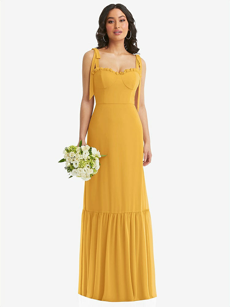 【STYLE: 1570】Tie-Shoulder Bustier Bodice Ruffle-Hem Maxi Dress【COLOR: NYC Yellow】