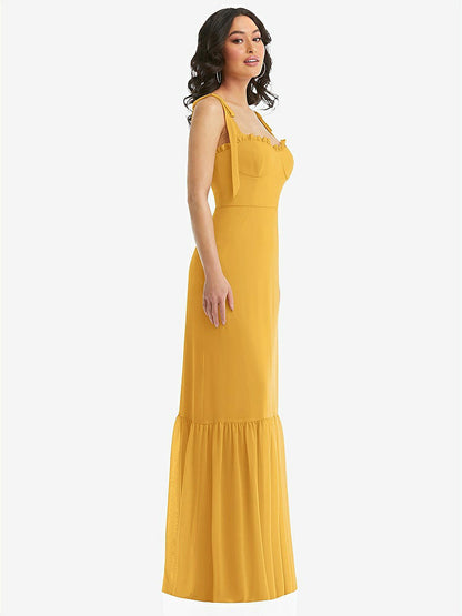 【STYLE: 1570】Tie-Shoulder Bustier Bodice Ruffle-Hem Maxi Dress【COLOR: NYC Yellow】