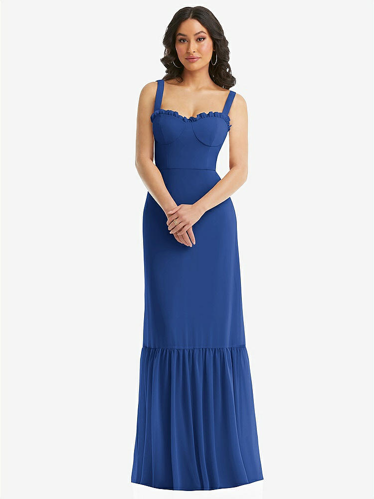 【STYLE: 1570】Tie-Shoulder Bustier Bodice Ruffle-Hem Maxi Dress【COLOR: Classic Blue】