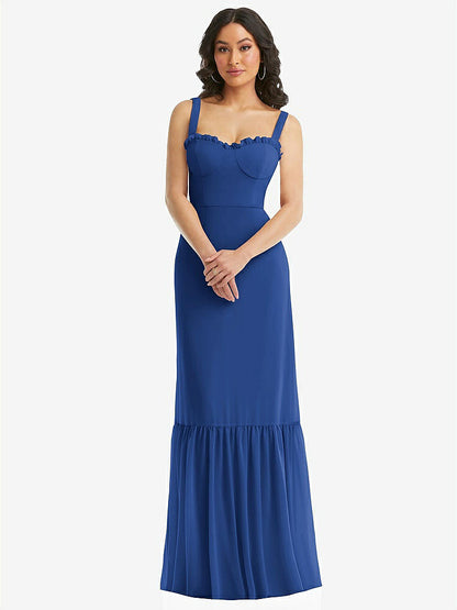 【STYLE: 1570】Tie-Shoulder Bustier Bodice Ruffle-Hem Maxi Dress【COLOR: Classic Blue】
