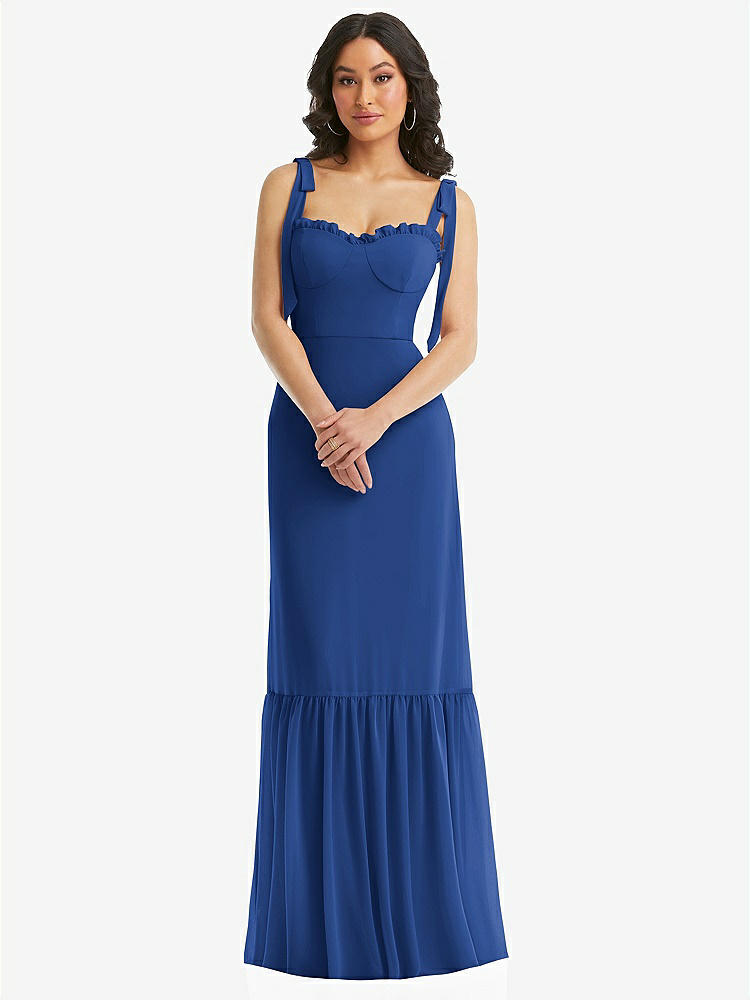 【STYLE: 1570】Tie-Shoulder Bustier Bodice Ruffle-Hem Maxi Dress【COLOR: Classic Blue】