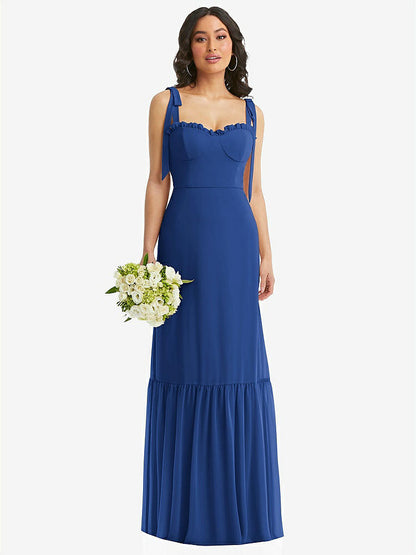 【STYLE: 1570】Tie-Shoulder Bustier Bodice Ruffle-Hem Maxi Dress【COLOR: Classic Blue】