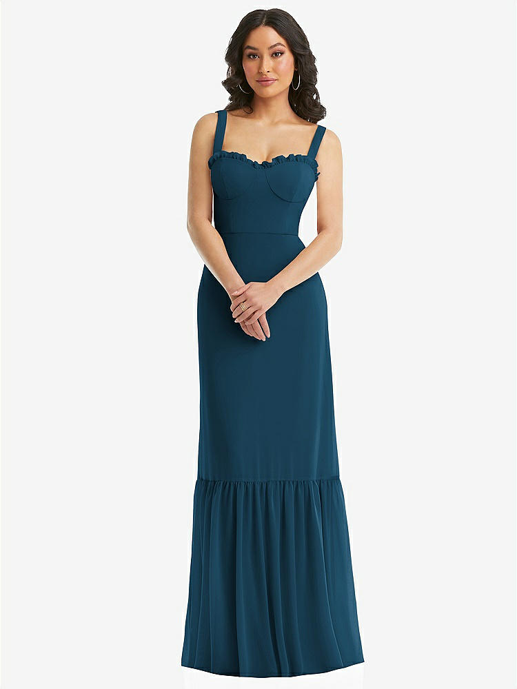 【STYLE: 1570】Tie-Shoulder Bustier Bodice Ruffle-Hem Maxi Dress【COLOR: Atlantic Blue】