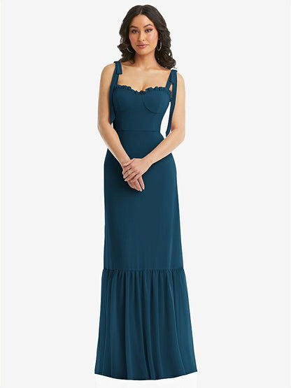 【STYLE: 1570】Tie-Shoulder Bustier Bodice Ruffle-Hem Maxi Dress【COLOR: Atlantic Blue】