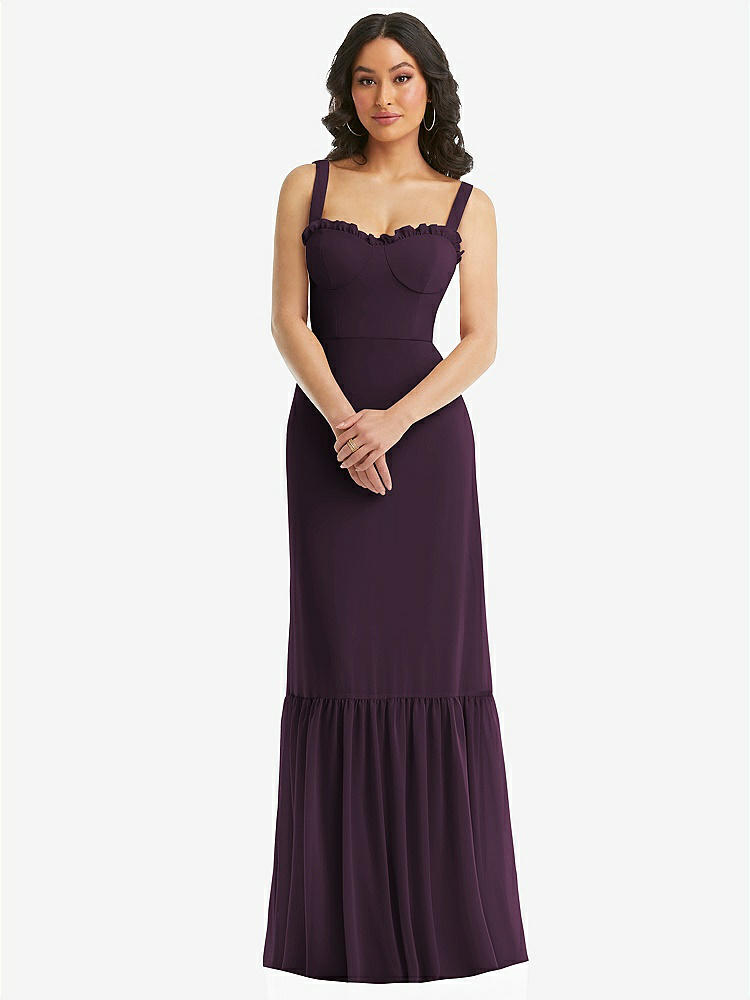 【STYLE: 1570】Tie-Shoulder Bustier Bodice Ruffle-Hem Maxi Dress【COLOR: Aubergine】