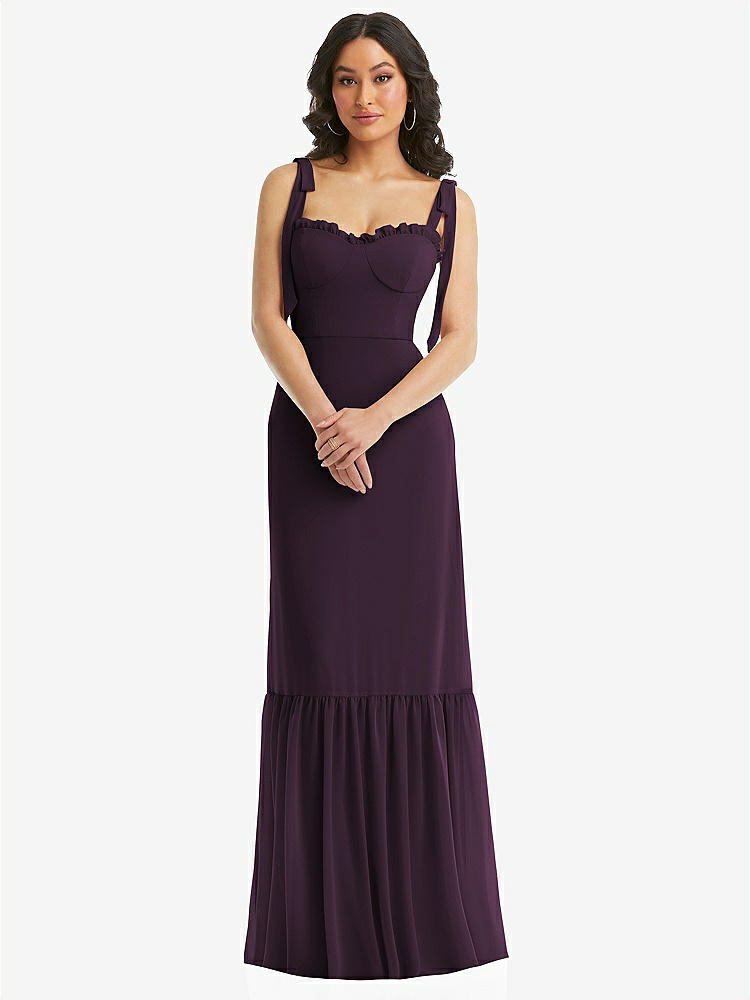 【STYLE: 1570】Tie-Shoulder Bustier Bodice Ruffle-Hem Maxi Dress【COLOR: Aubergine】