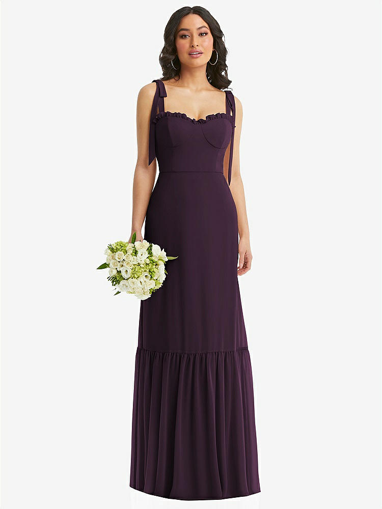 【STYLE: 1570】Tie-Shoulder Bustier Bodice Ruffle-Hem Maxi Dress【COLOR: Aubergine】