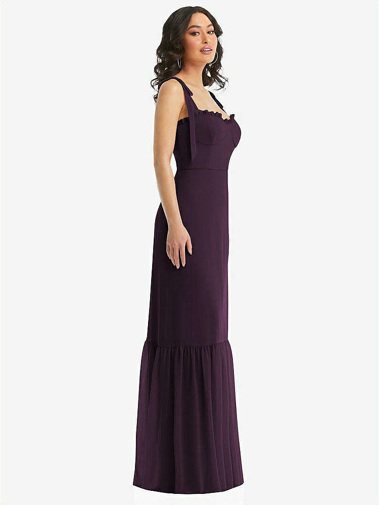 【STYLE: 1570】Tie-Shoulder Bustier Bodice Ruffle-Hem Maxi Dress【COLOR: Aubergine】