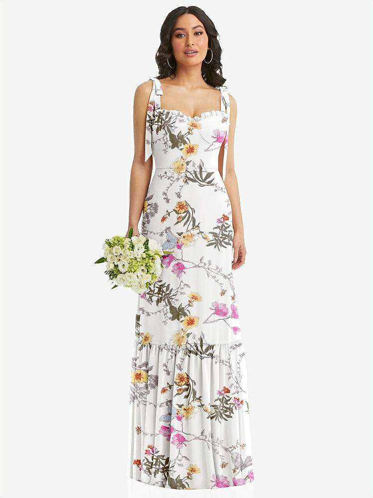 【NEW】【STYLE: 1570】タイショルダー ビュスティア ボディス フリルヘム マキシ ドレス【COLOR: Butterfly Botanica Ivory】【SIZE: 00-30W】