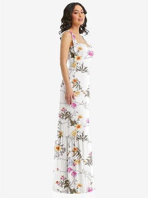 【NEW】【STYLE: 1570】タイショルダー ビュスティア ボディス フリルヘム マキシ ドレス【COLOR: Butterfly Botanica Ivory】【SIZE: 00-30W】