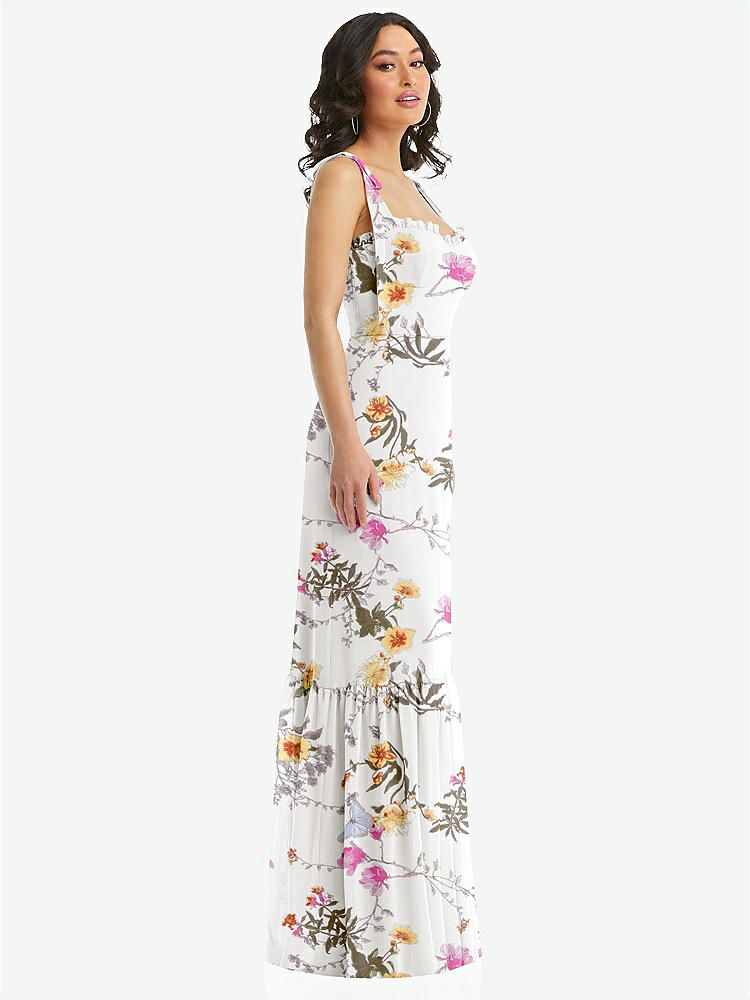 【STYLE: 1570】Tie-Shoulder Bustier Bodice Ruffle-Hem Maxi Dress【COLOR: Butterfly Botanica Ivory】