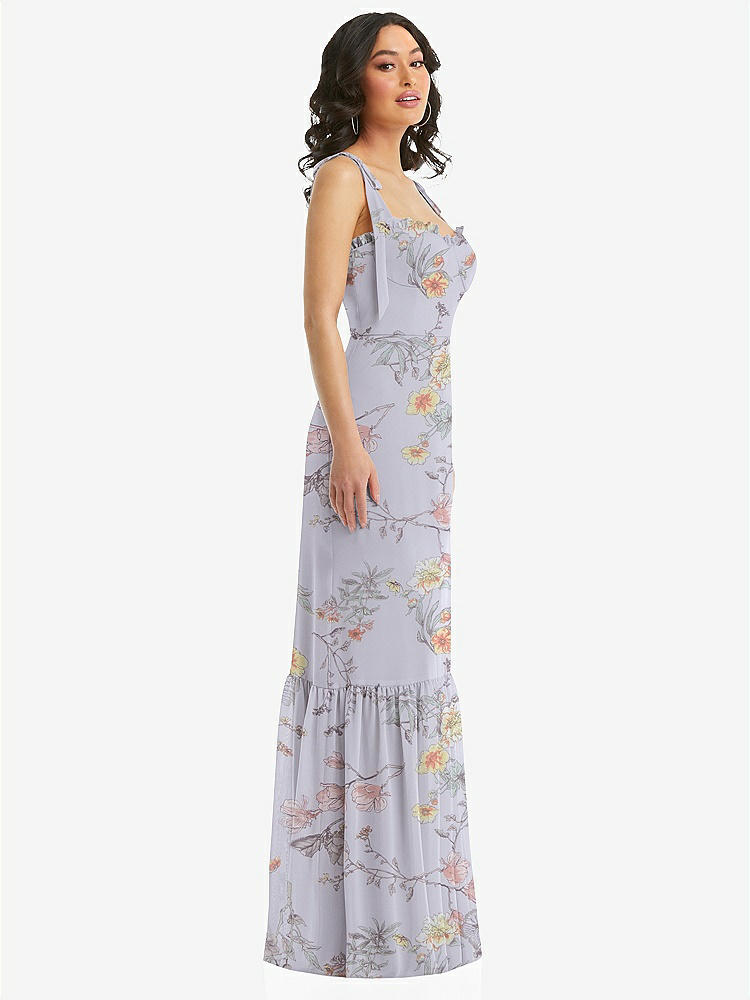 【STYLE: 1570】Tie-Shoulder Bustier Bodice Ruffle-Hem Maxi Dress【COLOR: Butterfly Botanica Silver Dove】