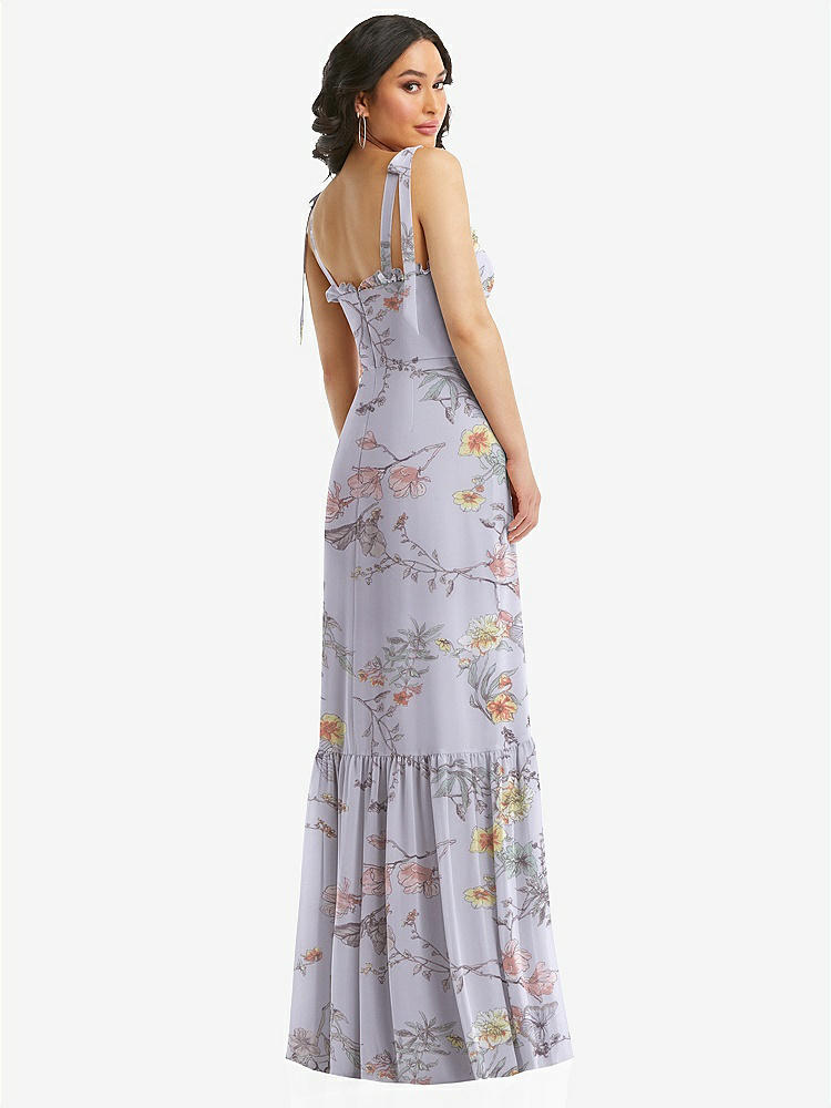 【STYLE: 1570】Tie-Shoulder Bustier Bodice Ruffle-Hem Maxi Dress【COLOR: Butterfly Botanica Silver Dove】