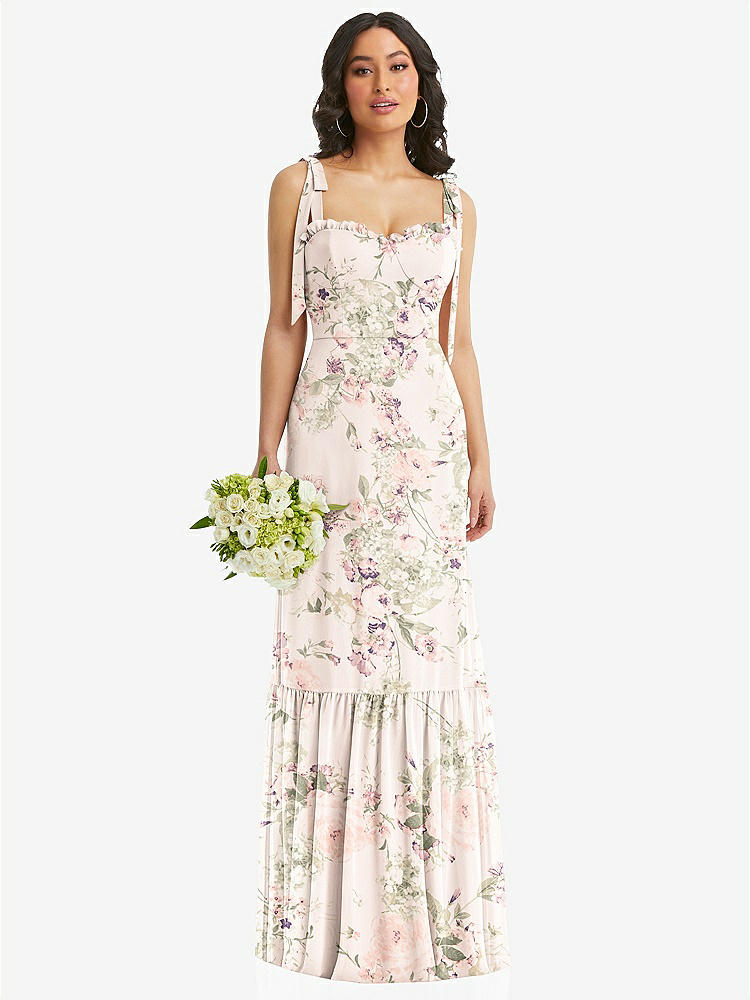 【STYLE: 1570】Tie-Shoulder Bustier Bodice Ruffle-Hem Maxi Dress【COLOR: Blush Garden】