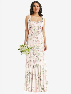 【STYLE: 1570】Tie-Shoulder Bustier Bodice Ruffle-Hem Maxi Dress【COLOR: Blush Garden】