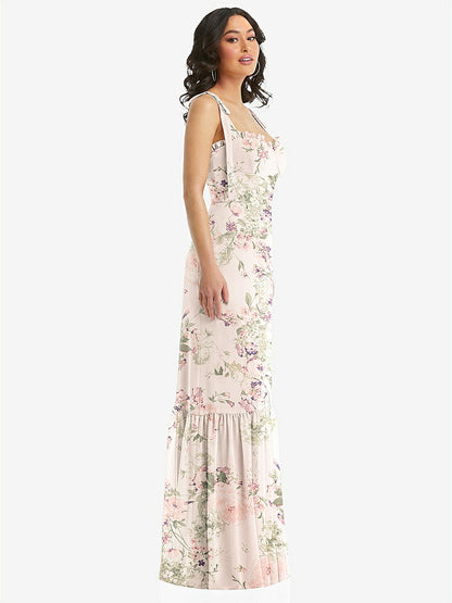 【STYLE: 1570】Tie-Shoulder Bustier Bodice Ruffle-Hem Maxi Dress【COLOR: Blush Garden】
