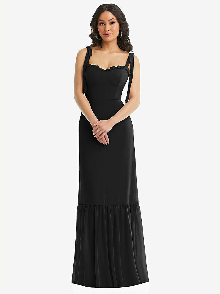 【STYLE: 1570】Tie-Shoulder Bustier Bodice Ruffle-Hem Maxi Dress【COLOR: Black】