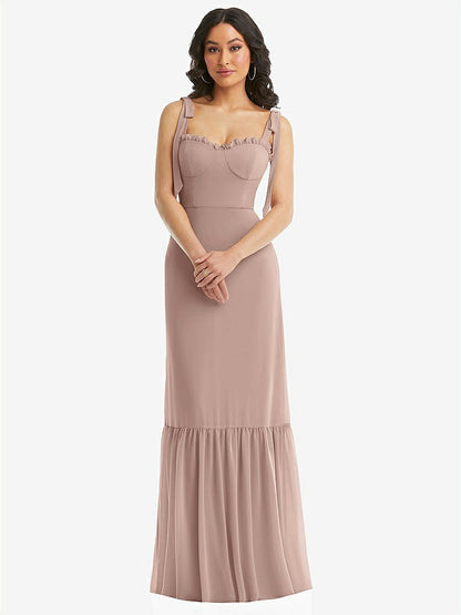 【STYLE: 1570】Tie-Shoulder Bustier Bodice Ruffle-Hem Maxi Dress【COLOR: Bliss】