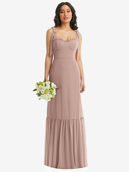【STYLE: 1570】Tie-Shoulder Bustier Bodice Ruffle-Hem Maxi Dress【COLOR: Bliss】