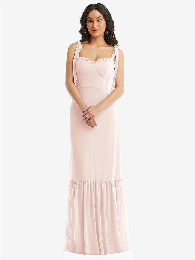 【STYLE: 1570】Tie-Shoulder Bustier Bodice Ruffle-Hem Maxi Dress【COLOR: Blush】