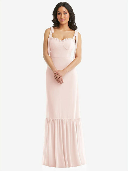 【STYLE: 1570】Tie-Shoulder Bustier Bodice Ruffle-Hem Maxi Dress【COLOR: Blush】