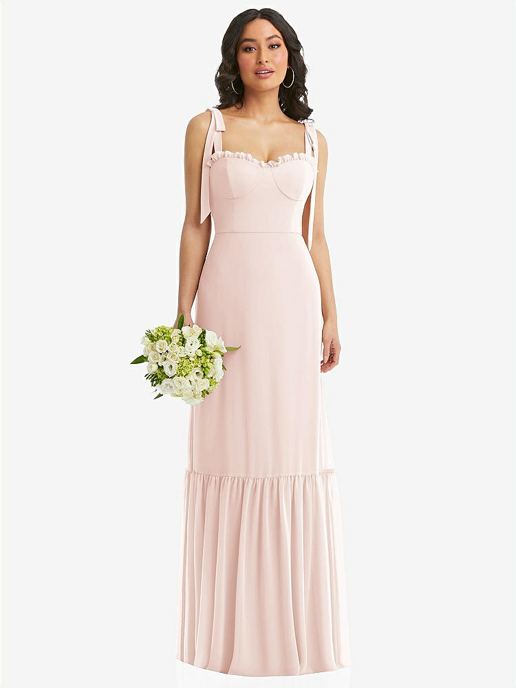 【STYLE: 1570】Tie-Shoulder Bustier Bodice Ruffle-Hem Maxi Dress【COLOR: Blush】