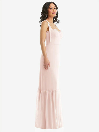 【STYLE: 1570】Tie-Shoulder Bustier Bodice Ruffle-Hem Maxi Dress【COLOR: Blush】