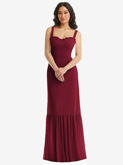【STYLE: 1570】Tie-Shoulder Bustier Bodice Ruffle-Hem Maxi Dress【COLOR: Burgundy】