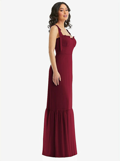 【STYLE: 1570】Tie-Shoulder Bustier Bodice Ruffle-Hem Maxi Dress【COLOR: Burgundy】