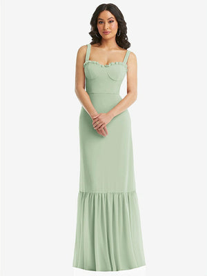 【NEW】【STYLE: 1570】タイショルダー ビュスティア ボディス フリルヘム マキシ ドレス【COLOR: Celadon】【SIZE: 00-30W】