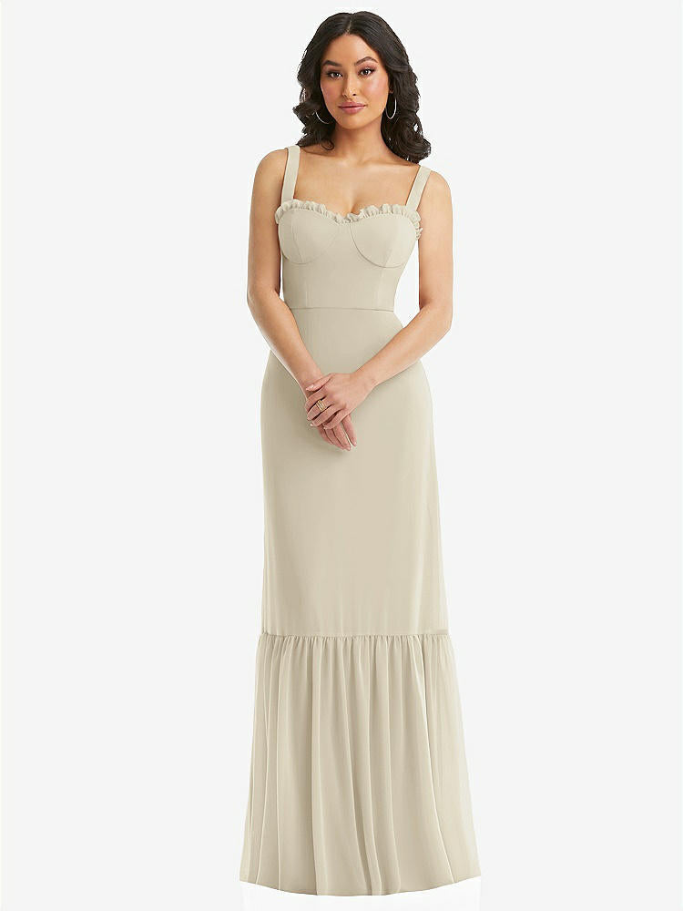 【STYLE: 1570】Tie-Shoulder Bustier Bodice Ruffle-Hem Maxi Dress【COLOR: Champagne】