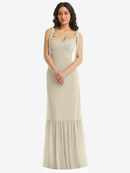【STYLE: 1570】Tie-Shoulder Bustier Bodice Ruffle-Hem Maxi Dress【COLOR: Champagne】
