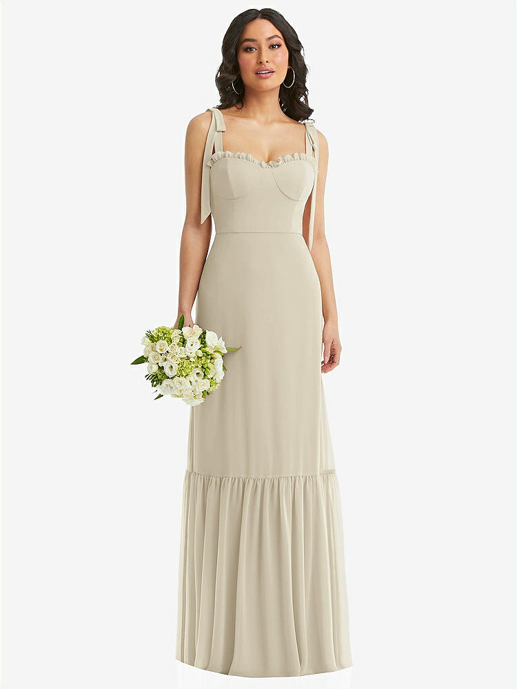 【STYLE: 1570】Tie-Shoulder Bustier Bodice Ruffle-Hem Maxi Dress【COLOR: Champagne】