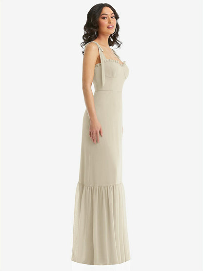 【STYLE: 1570】Tie-Shoulder Bustier Bodice Ruffle-Hem Maxi Dress【COLOR: Champagne】