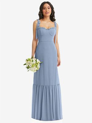 【NEW】【STYLE: 1570】タイショルダー ビュスティア ボディス フリルヘム マキシ ドレス【COLOR: Cloudy】【SIZE: 00-30W】