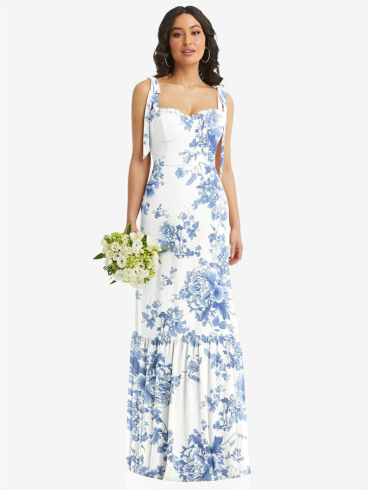 【NEW】【STYLE: 1570】タイショルダー ビュスティア ボディス フリルヘム マキシ ドレス【COLOR: Cottage Rose Dusk Blue】【SIZE: 00-30W】