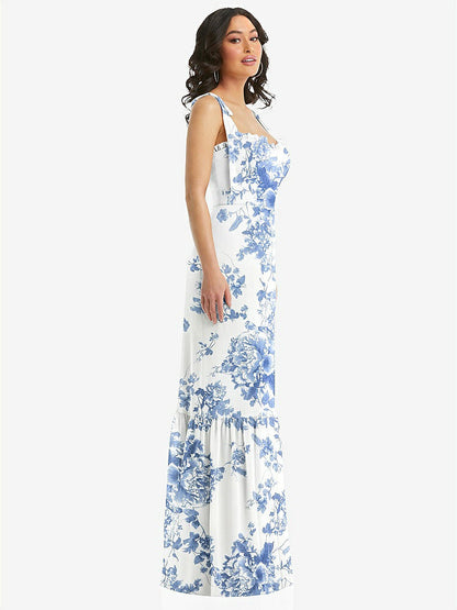 【STYLE: 1570】Tie-Shoulder Bustier Bodice Ruffle-Hem Maxi Dress【COLOR: Cottage Rose Dusk Blue】