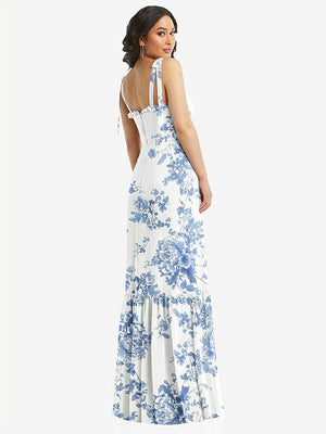 【NEW】【STYLE: 1570】タイショルダー ビュスティア ボディス フリルヘム マキシ ドレス【COLOR: Cottage Rose Dusk Blue】【SIZE: 00-30W】