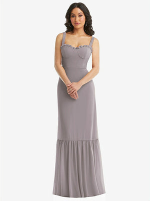 【NEW】【STYLE: 1570】タイショルダー ビュスティア ボディス フリルヘム マキシ ドレス【COLOR: Cashmere Gray】【SIZE: 00-30W】