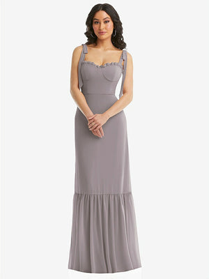 【NEW】【STYLE: 1570】タイショルダー ビュスティア ボディス フリルヘム マキシ ドレス【COLOR: Cashmere Gray】【SIZE: 00-30W】