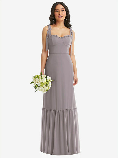 【STYLE: 1570】Tie-Shoulder Bustier Bodice Ruffle-Hem Maxi Dress【COLOR: Cashmere Gray】