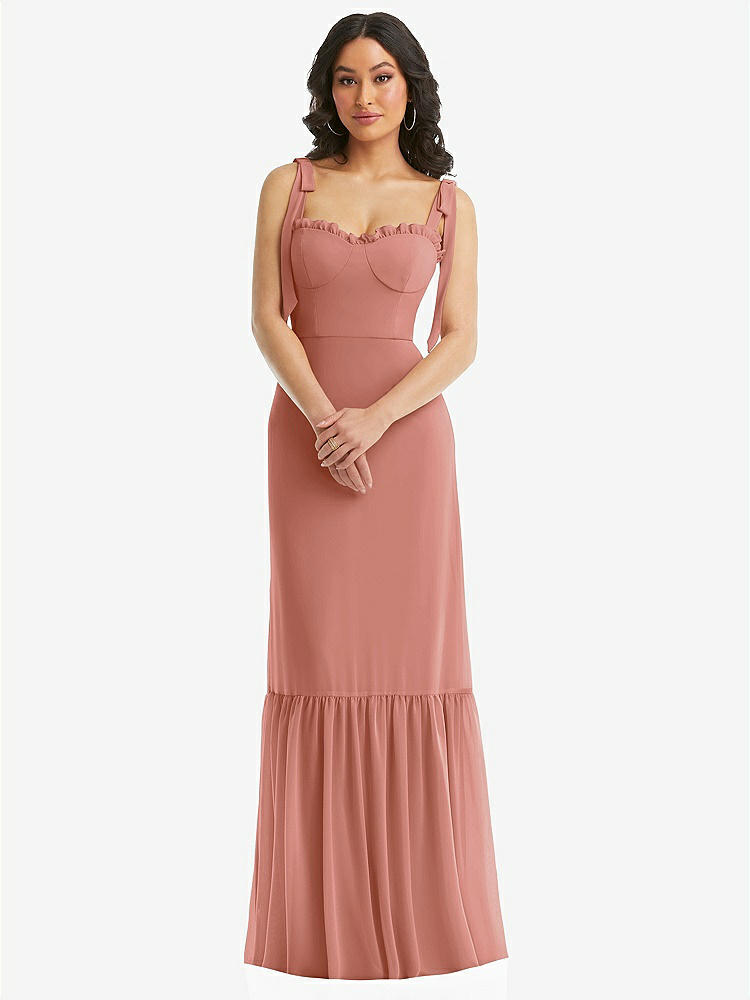 【STYLE: 1570】Tie-Shoulder Bustier Bodice Ruffle-Hem Maxi Dress【COLOR: Desert Rose】