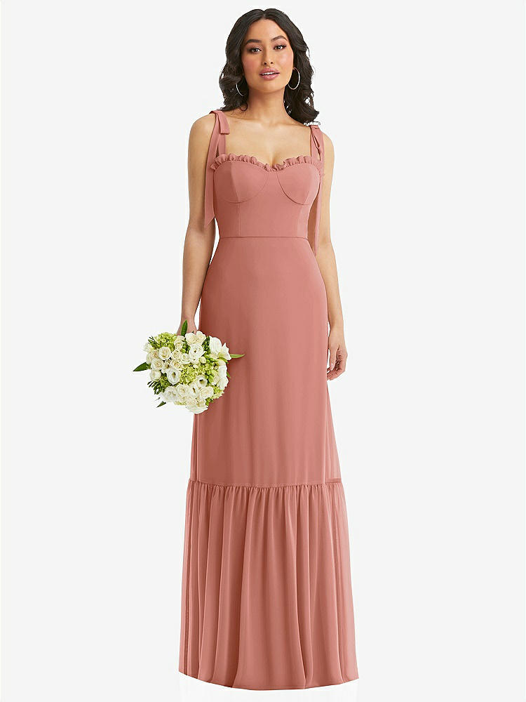 【STYLE: 1570】Tie-Shoulder Bustier Bodice Ruffle-Hem Maxi Dress【COLOR: Desert Rose】