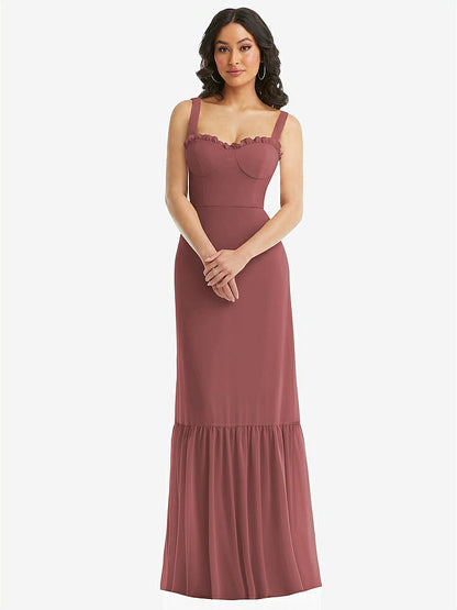 【STYLE: 1570】Tie-Shoulder Bustier Bodice Ruffle-Hem Maxi Dress【COLOR: English Rose】