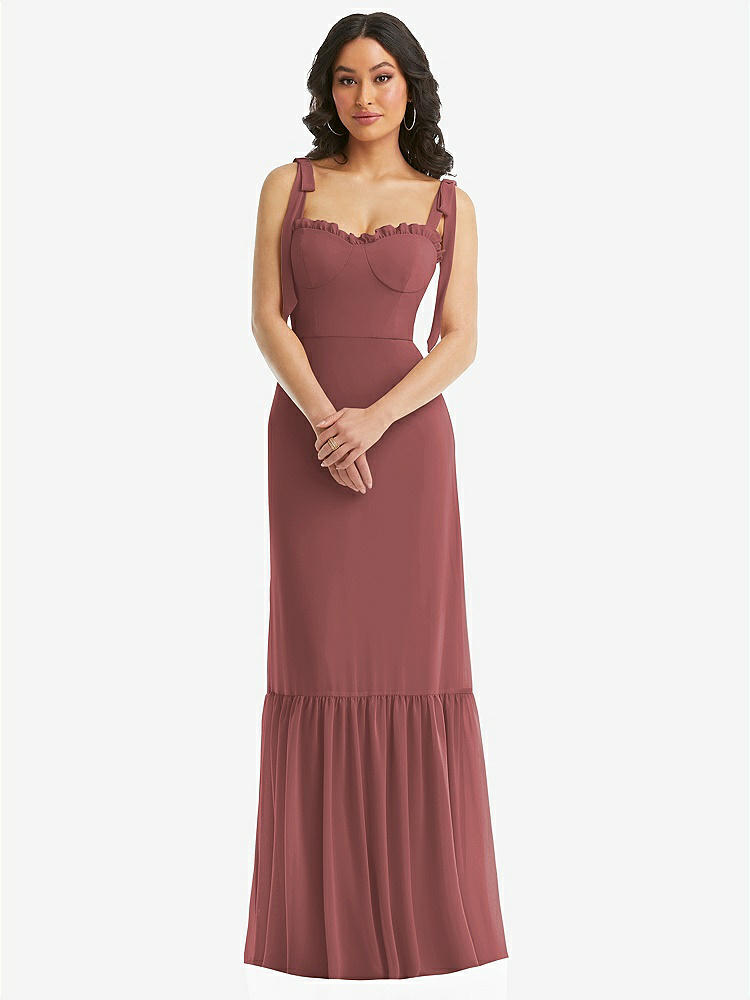 【STYLE: 1570】Tie-Shoulder Bustier Bodice Ruffle-Hem Maxi Dress【COLOR: English Rose】